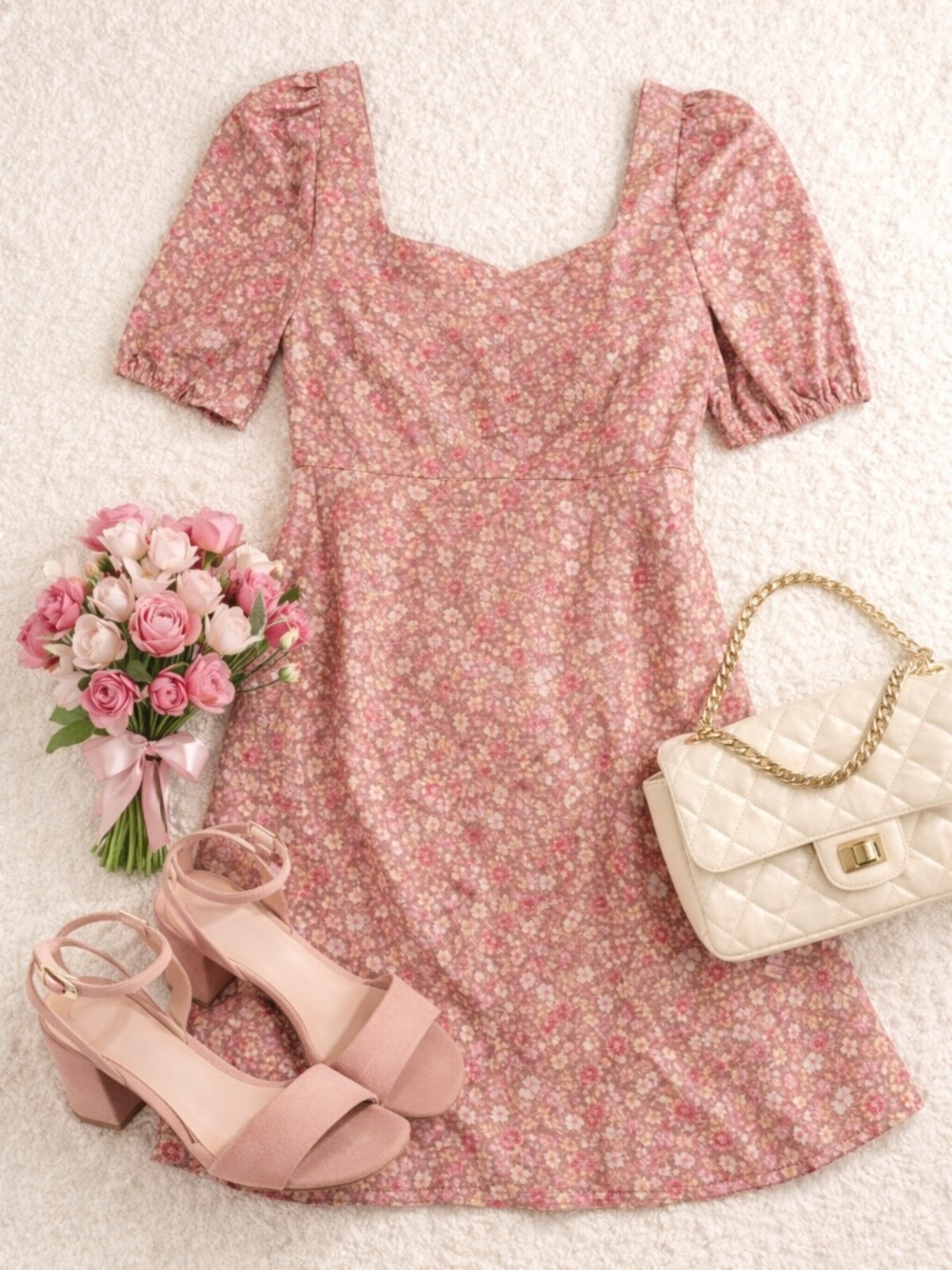 🌸Lily Rose Floral Puff Sleeve Mini Dress Cottagecore Pink Size L🌸